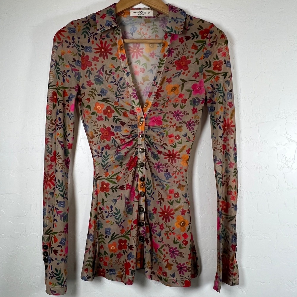 Natural Life Floral Mesh Ruched Button Front Top Tan Multi Long Sleeve XS